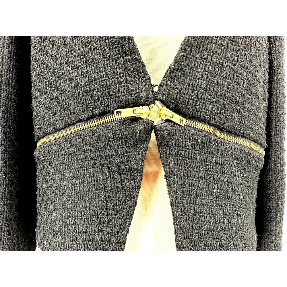 GIANNI BINI Women's L Black Tweed Cocktail Jacket with Edgy Gold Zipper Details - Picture 6 of 13